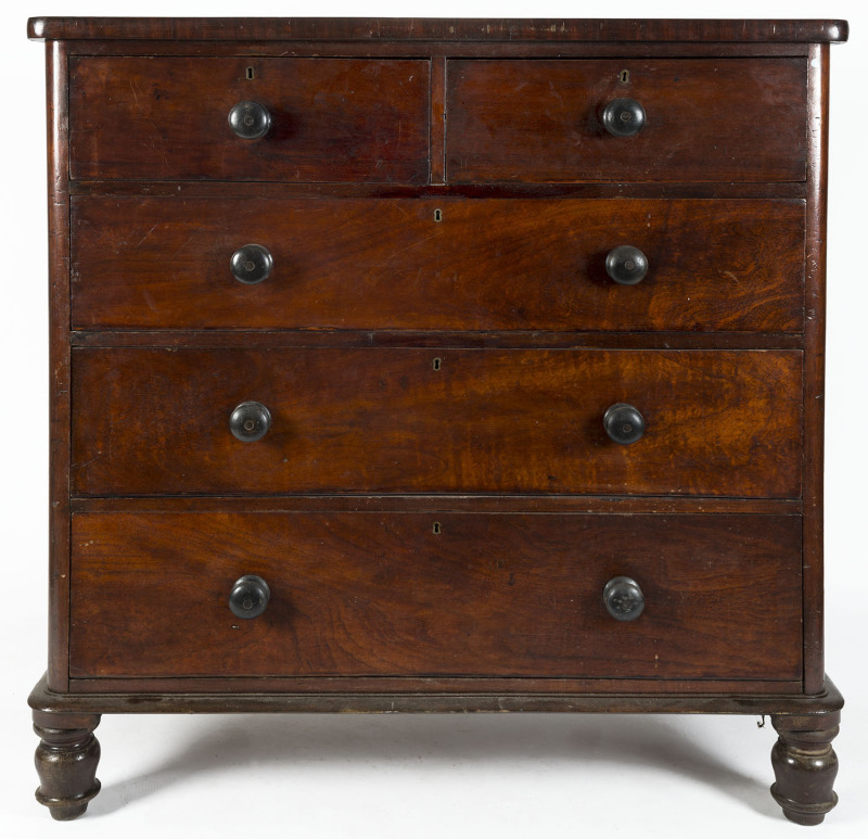 A Colonial five drawer chest, full cedar construction with cross-banded edge, New South Wales origin, mid 19th century, 121cm high, 120cm wide, 56cm deep