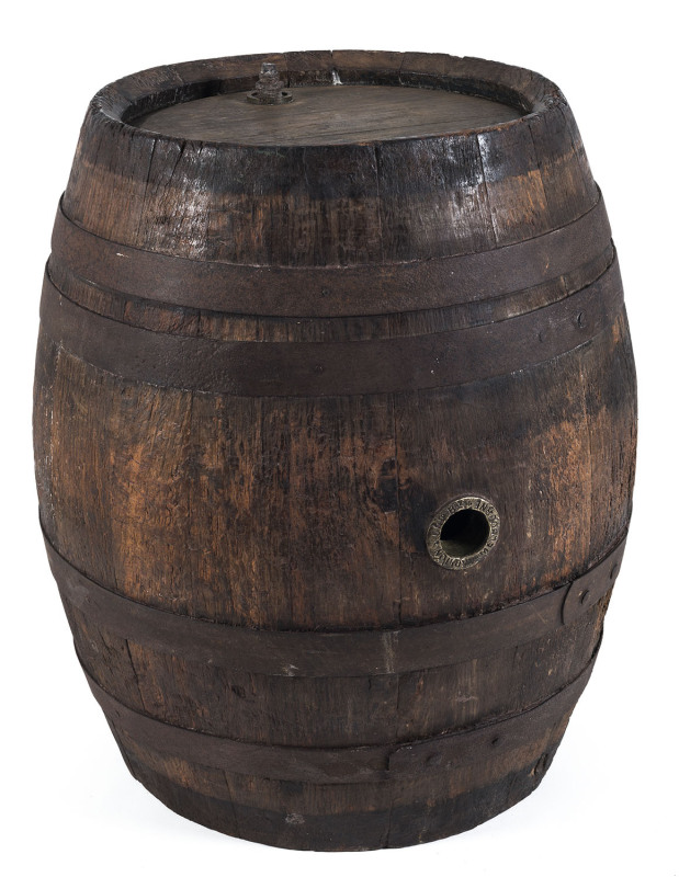 CARLTON & UNITED BREWERIES Original oak keg with metal binding and brass fittings stamped "CARLTON & UNtd. Bry., Melbourne" Numbered 32600, circa 1907, remains of original blue painted finish to end, ​75cm high,