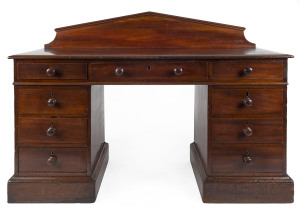 A Colonial twin pedestal desk with palladian back, Australian cedar, New South Wales, 19th century, full cedar secondary timbers, 100cm high, 137cm wide, 52cm deep