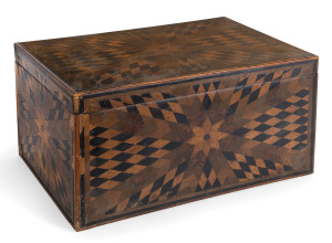 An Anglo-Indian deed box inlaid with specimen timbers, 19th century, 21cm high, 38cm wide, 24cm deep