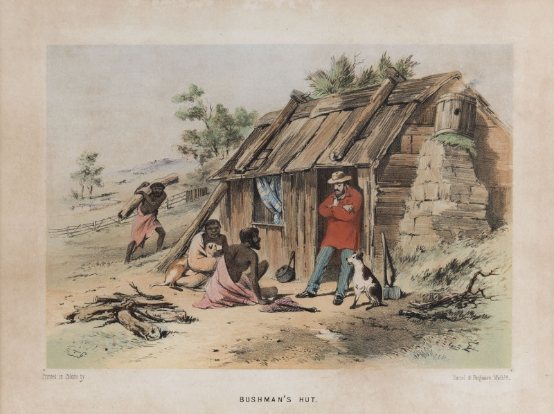 SAMUEL THOMAS GILL (1818-80), Bushman's Hut, colour lithograph from The Australian Sketch Book, printed by Hamel & Ferguson, initialed "S.T.G. in the plate at left, 17 x 25cm
