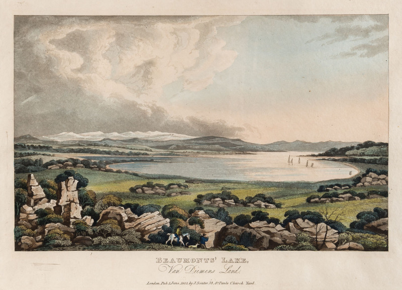 JOSEPH LYCETT [1774 -1828 ] Beaumonts' Lake, Van Diemens Landhand coloured aquatint from “Views in Australia or New South Wales and Van Diemen's Land Delineated...”Published London J. Souter, 1825, 23 x 33cm.