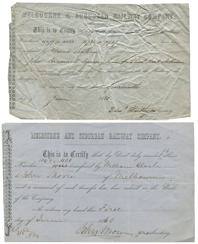 Melbourne & Suburban Railway Company: Two share transfer certificates, the first dated 1st June 1860 records the transfer of 64 shares from William Clarke to John Moore; the second records the transfer of 100 shares from David Scallan to John Bramwell on