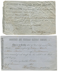 Melbourne & Suburban Railway Company: Two share transfer certificates, the first dated 1st June 1860 records the transfer of 64 shares from William Clarke to John Moore; the second records the transfer of 100 shares from David Scallan to John Bramwell on 14th June 1861. (2).