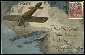 6-11 Aug.1919 (AAMC.20a) Adelaide - Minlation special postcard carried by Captain Harry Butler in his "Red Devil" Bristol Tourer; with hand-written message. Cat.$550.