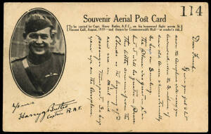 6-11 Aug.1919 (AAMC.22) Minlaton - Adelaide postcard carried by Harry Butler in his "Red Devil"; one of the numbered cards with a printed message and signature. Cat.$750.