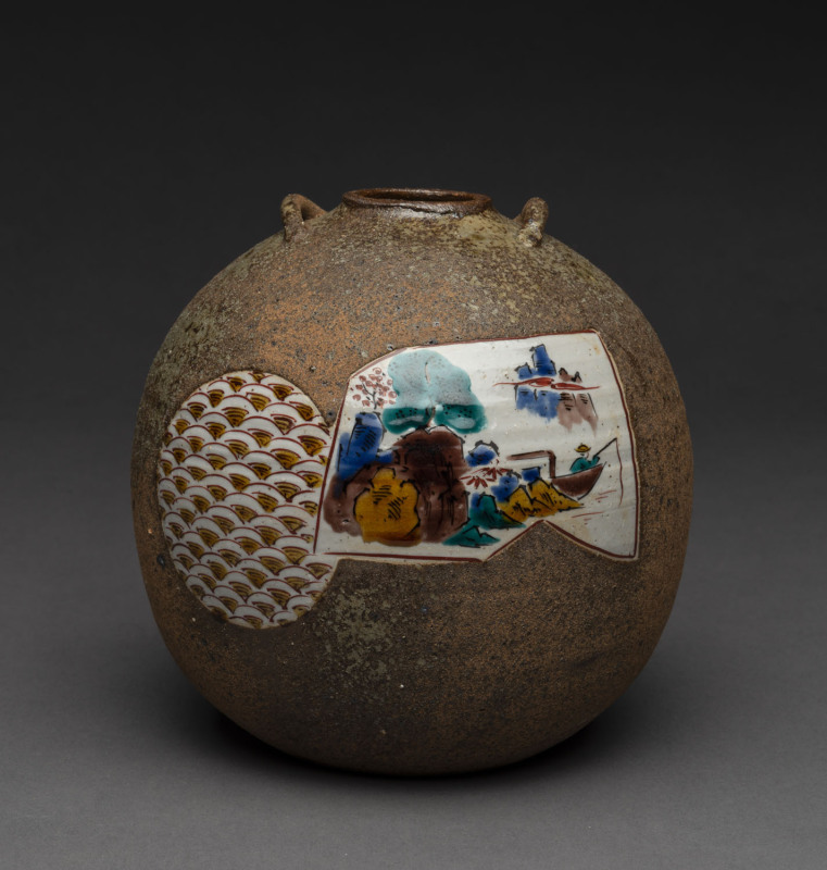 A Japanese pottery vase with glazed enamel cartouche, character mark to base, 20th century, ​16cm high