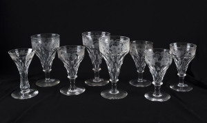 Eight assorted etched and faceted antique glasses, English, 19th century