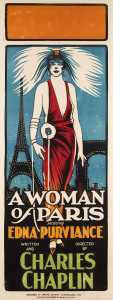 MOVIE POSTER A WOMAN OF PARIS 1923 colour linocut with letterpress, 102 x 38cm. Linen-backed. "Featuring Edna Purviance. Written and directed by Charles Chaplin." Released by United Artists (Australasia) Ltd. Jno. Evans & Son Printing Co., 468-488 Kent St., Sydney."