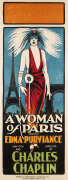 MOVIE POSTER A WOMAN OF PARIS 1923 colour linocut with letterpress, 102 x 38cm. Linen-backed. "Featuring Edna Purviance. Written and directed by Charles Chaplin." Released by United Artists (Australasia) Ltd. Jno. Evans & Son Printing Co., 468-488 Ke