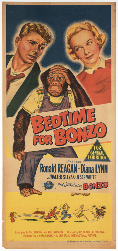 MOVIE POSTER BEDTIME FOR BONZO 1951 colour lithograph, 77 x 34cm. Linen-backed. "Starring Ronald Reagan, Diana Lynn, with Walter Slezak, Jesse White, and introducing Bonzo. Screenplay by Val Burton and Lou Breslow. Directed by Frederick de Cordova. Pro