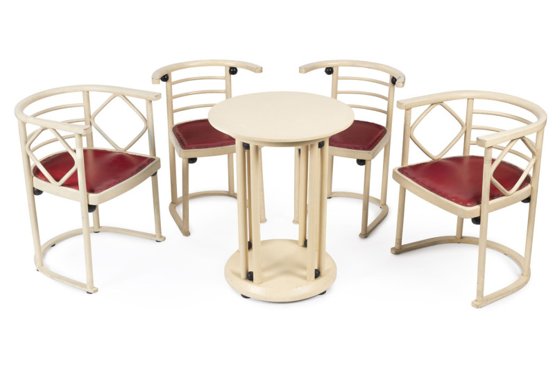 A five piece café setting, designed by Josef HOFFMANN for the opening of the Cabaret Fledermaus in Vienna in 1907. Manufactured by Jacob & Josef Kohn.