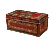 A Continental dowry chest, hand painted leather with iron studs, 18th century, 41cm high, 88cm wide, 48cm deep