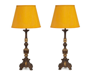 A pair of French giltwood table lamps with orange shades, 20th century, ​90cm high