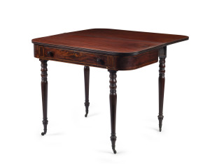 A Georgian fold-over tea table, mahogany with satinwood stringing, English, circa 1800, 80cm high, 99cm wide, 50cm deep