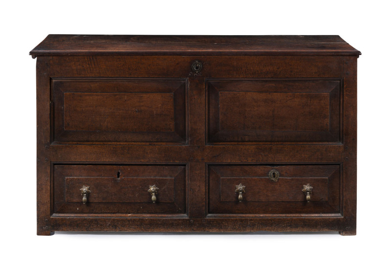 An English oak mule chest, 18th century, ​68cm high, 123cm wide, 54cm deep