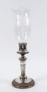 An antique English Sheffield plated candle holder with etched glass shade, 19th century, 57cm high