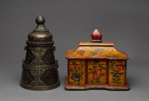 An antique Tibetan milk carrier, copper and brass; together with a Tibetan hand painted missal box, the tallest 32cm high