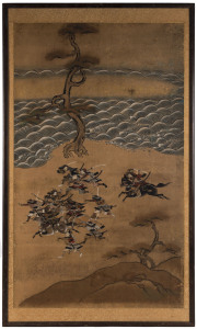 Four Japanese hand painted panels with Samurai scenes, Meiji period (1868-1912), 99cm x 57cm
