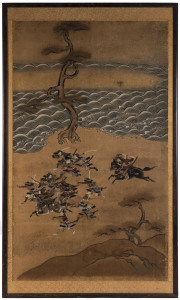 Four Japanese hand painted panels with Samurai scenes, Meiji period (1868-1912), ​99cm x 57cm