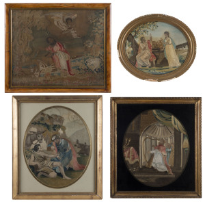 A group of four Georgian framed silk embroideries, early 19th century, the largest 55 x 42cm