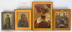 LIDIA VOITSCHOVSKA: Four hand painted Russian icons, 20th century with accompanying exhibition pamphlet, the largest 40cm x 28cm