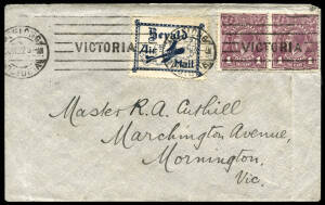 17 April 1922 (AAMC.63) Melbourne - Geelong flown cover, carried by Captain Roy King (or A.W. Vigars) for The Herald & Weekly Times; with special blue vignette "Herald Air Mail" affixed and tied on arrival together with the two 1d KGV stamps. A most attra