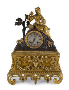 A French figured mantle clock, ormolu and bronze, 19th century, with key and pendulum, 47cm high