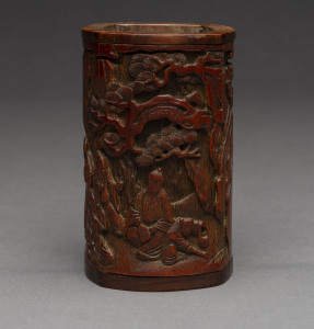 A Chinese brush pot, bamboo and rosewood, early 20th century, 13cm high