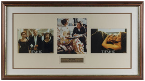 "TITANIC" framed photographic display signe by LEONARDO DI CAPRIO andf KATE WINSLET, 53 x 95cm overall