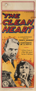 MOVIE POSTER THE CLEAN HEART 1924 colour process lithograph, 103 x 38cm. Linen-backed. "Vitagraph. J. Stuart Blackton Production. By A.S.M. Hutchinson. Featuring Percy Marmont and Marguerite de la Motte. A great drama of a man's fight against the sin of selfishness. Exclusively controlled by Australasian Films Ltd. W.A. Gibson, OBE, Gen. Manager. Marchant & Co. Ltd, Printers, Sydney."