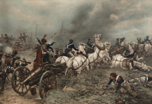 A military scene hand-coloured lithograph, 19th century, 45 x 64cm