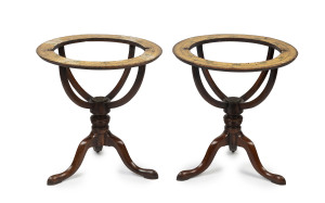 A pair of Georgian globe stands, turned and carved mahogany, English, circa 1800, with later glass tops to convert to occasional tables, 45cm high