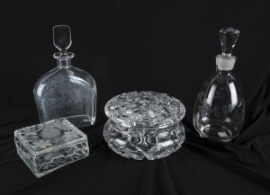 EDVARD HALD Swedish glass decanter made for Orrefors, mid 20th century; together with a Bohemian crystal jewellery box, Italian glass box and an etched glass decanter, the tallest 22cm high