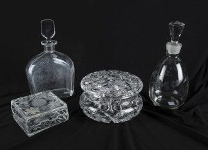 EDVARD HALD Swedish glass decanter made for Orrefors, mid 20th century; together with a Bohemian crystal jewellery box, Italian glass box and an etched glass decanter, ​the tallest 22cm high