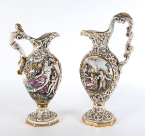 Two Capodimonte Italian porcelain ewers, 20th century, factory mark to base, ​the taller 46cm high