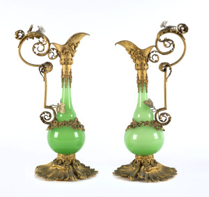 A pair of Italian Rococo style ewers, gilt metal, glass and porcelain, 20th century, ​28cm high