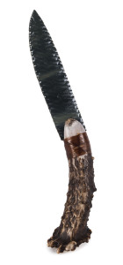 A hunting knife with knapped nephrite blade, antler handle and sinew binding, 20th century, 27cm long