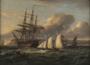 THOMAS LUNY (British, 1759-1837), H.M.S. Asia, 84 Guns, Lying In Torbay, oil on board, signed lower left "Luney, 1831", original paper label verso "14/ Man Of War, By Luney", additional label for "The Parker Gallery" London, plus additional early 20th century typed note on the history of the ship. 30 x 41cm.