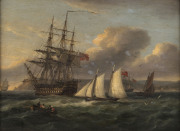 THOMAS LUNY (British, 1759-1837), H.M.S. Asia, 84 Guns, Lying In Torbay, oil on board, signed lower left "Luney, 1831", original paper label verso "14/ Man Of War, By Luney", additional label for "The Parker Gallery" London, plus additional early 20th cen