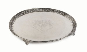 An impressive George II Irish sterling silver tray by THOMAS JOHNSTON of Dublin, circa 1758, engraved with the arms of Thomas Wentworth, 2nd Baronet of Wentworth Woodhouse. Wentworth was named the Earl of Strafford by King Charles I in 1640 and was later sentenced to death by King Charles and executed in 1645.
