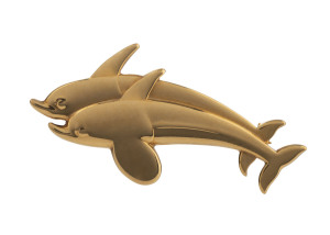 GEORG JENSEN 18ct yellow gold brooch with double leaping dolphins, designed by Arno Malinowski, stamped "Georg Jensen, Denmark, 750/18k", 4cm long, 5 grams