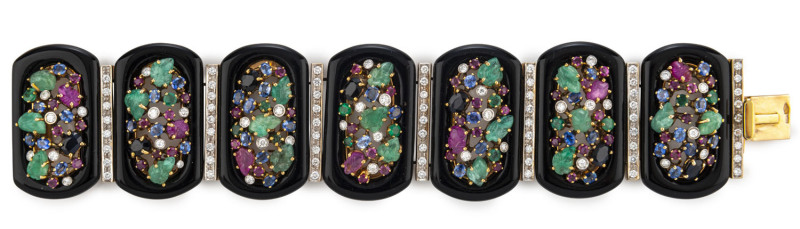 A stunning Italian Art Deco bracelet, 18ct yellow gold, onyx, diamond, ruby, emerald and Ceylon and Australian sapphires, approximately 3.1ct of brilliant cut diamonds, 137 grams total