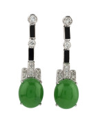 A pair of white gold Art Deco style drop earrings set with green jadeite diamonds and onyx