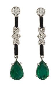 A pair of 18ct white gold Art Deco inspried pendant earrings set with emeralds, onyx and diamonds, stamped "750"