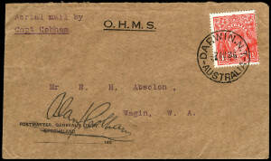 7 Aug.1926 (AAMC.97) O.H.M.S. cover franked KGV 1d, flown Darwin - Sydney by Alan Cobham, 2 days after arriving in Darwin at the conclusion of his flight from London in a DH50J, endorsed 'Aerial mail by / Capt Cobham' & signed by him. (Rare, only 10 offic