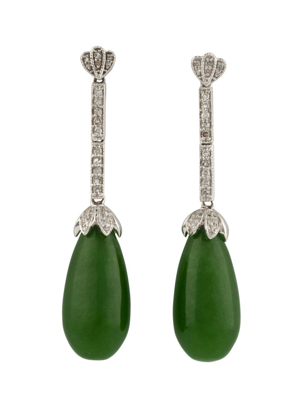 A pair of 18ct white gold and jadeite drop earrings set with brilliant cut diamonds,