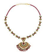 Indian wedding necklace, 22ct gold set with rubies, seed pearls and emeralds, stamped "22K", weight 49.8 grams