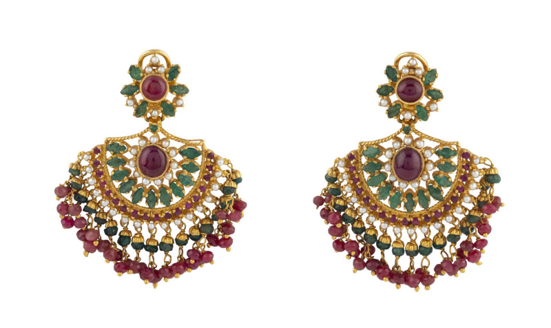 A pair of Indian wedding earring, 22ct gold set with rubies, seed pearls and emeralds, 40.5 grams total