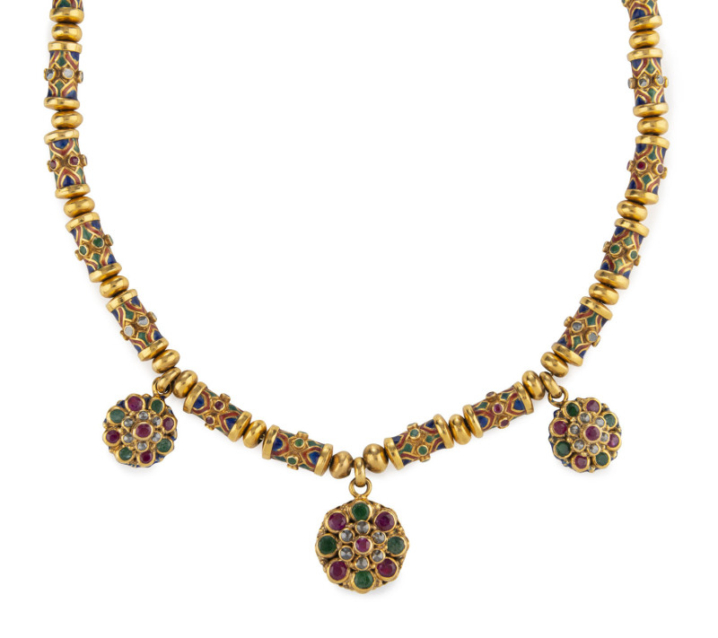 An Indian necklace, 22ct yellow gold and enamel set with emeralds, rubies and rose cut diamonds, 63 grams total